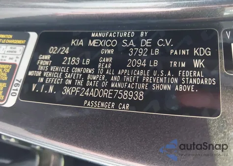 2024 Kia Forte Lxs z USA, uszkodzony, nr VIN 3KPF24AD0RE758938